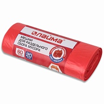 Мешки для мусора 60 л, красный, в рулоне 20 шт., ПНД, 10 мкм, 680х580 мм, LAIMA, 606702 в Бийске