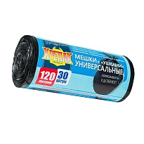 Мешки для мусора 120 л, с ушками, черные, в рулоне 30 шт., ПНД, 15 мкм, 1100х700 мм, Крепак, 4607075710375 в Бийске
