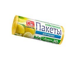 Мешки для мусора 30 л, ароматизированные, Лимон, желтые, в рулоне 20 шт., ПНД, 9 мкм, 560х530 мм, GRIFON Aroma, 101-020 Li в Бийске